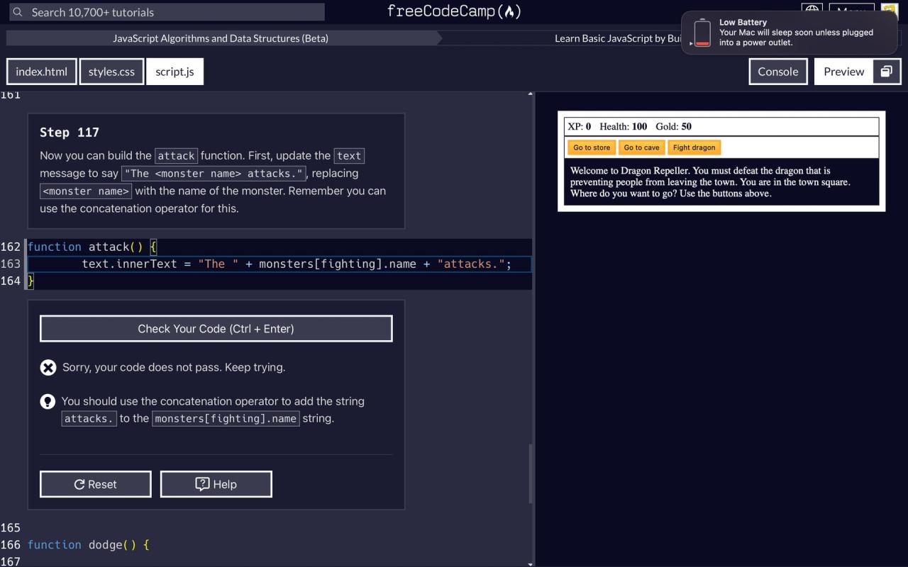 Learn Basic JavaScript by Building a Role Playing Game - Step 117 ...